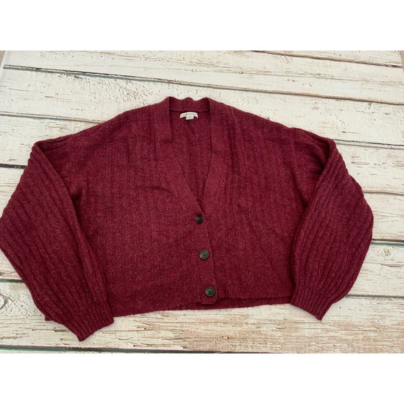 American Eagle Outfitters Sweaters - American Eagle Burgundy Maroon Ribbed Button Front Cardigan Sweater Small Granny
